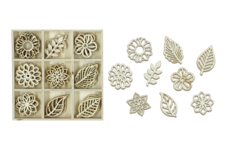 Wooden Flowers and Leaves - 45 Pieces - 1 - Raw Wood Decor - 10doigts.com - Raw Wood Decor – 10doigts.fr