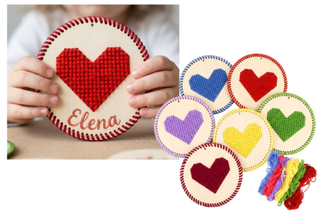 kit 6 coeurs à broder en bois - Sewing Kits – 10doigts.fr