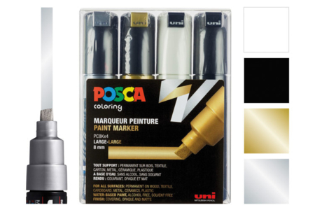Bolsa de 4 marcadores POSCA de punta ancha (4 a 8,5 mm): oro, plata, negro, blanco - Marcadores POSCA: la referencia mundial de la pintura nómada – 10doigts.fr