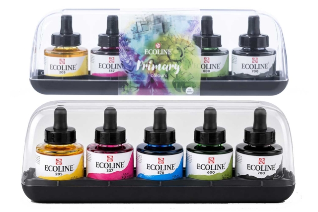 Acuarela líquida Ecoline - 5 colores primarios - Encres beaux-arts : encre de Chine et encres acryliques - 10doigts.fr