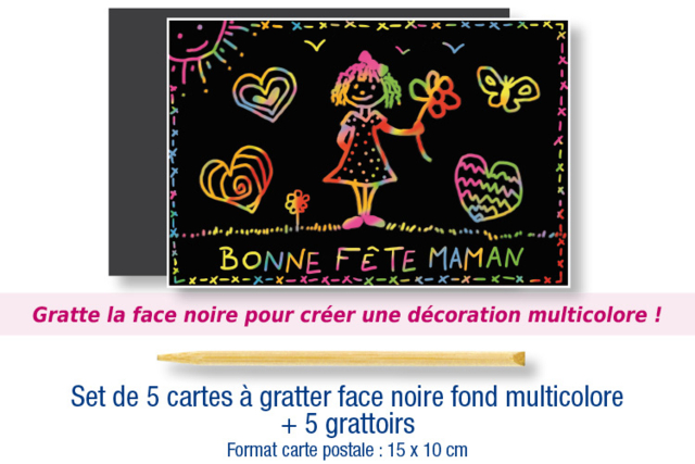 Cartas de rascar cara negra fondo multicolor + 5 rascadores - Cartes à gratter et à poinçonner : révélez votre créativité en relief - 10doigts.fr
