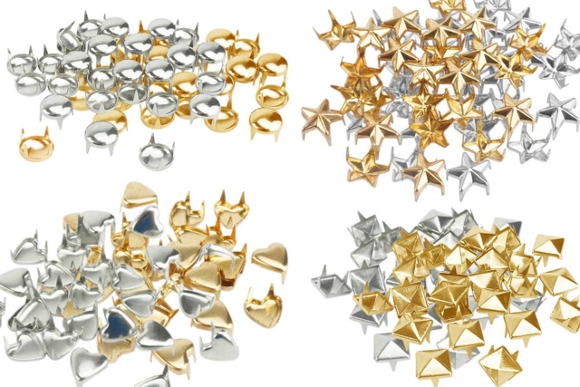Clavos formas assortidas ( pirámides, redondos, estrellas, corazones) oro y plata - 150 clavos surtidos - Clous et rivets - 10doigts.fr