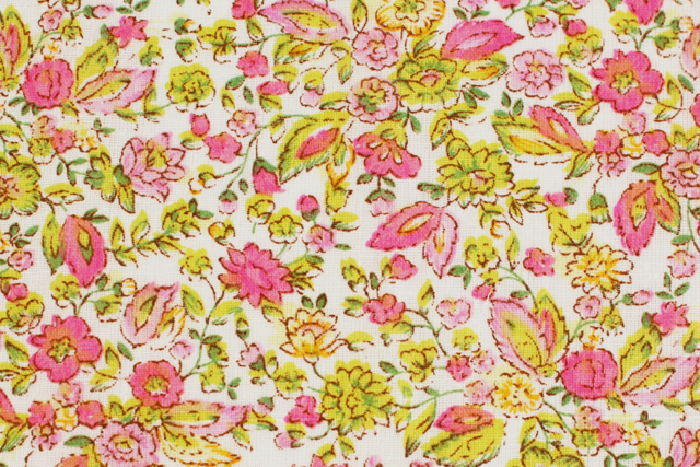 Cupón de tela de algodón impresa flores, rosa amarillo fondo verde - 55 x 45,5 cm - Coupons de tissus - 10doigts.fr