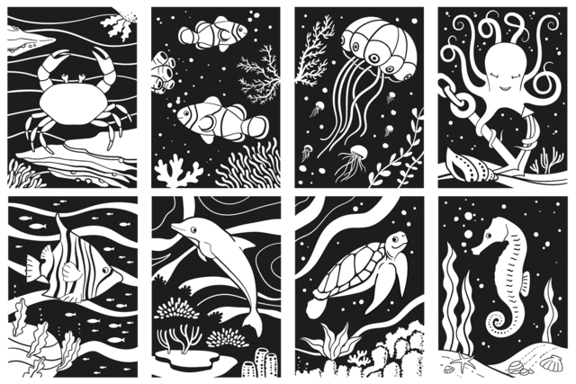 Velvet Coloring Cards Ocean - 8 Cards - 1 - Coloring Shapes and Drawings - 10doigts.com - Coloriage - 10doigts.fr