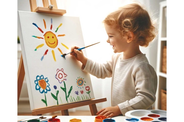 niño que pinta sobre lienzo - Peinture acrylique satinée, brillante - 10doigts.fr