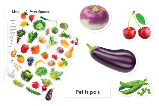 Stickers "I Learn Fruits and Vegetables" - 60 pcs - 1 - Flower, Fruit, and Vegetable Stickers - 10doigts.com - Gommettes Fleurs, Fruits et Légumes - 10doigts.fr