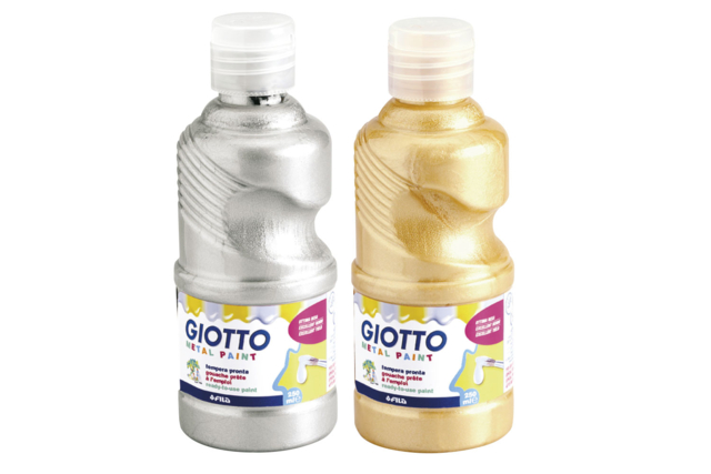 Gouache Giotto metalizada, 250 ml - oro y plata - Peinture gouache liquide : des couleurs vives qui s'enlèvent à l'eau - 10doigts.fr