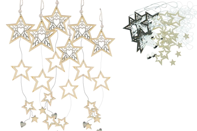 Guirnalda colgante estrellas y corazones de madera y espejo 34 cm - Guirlandes et suspensions Noël - 10doigts.fr