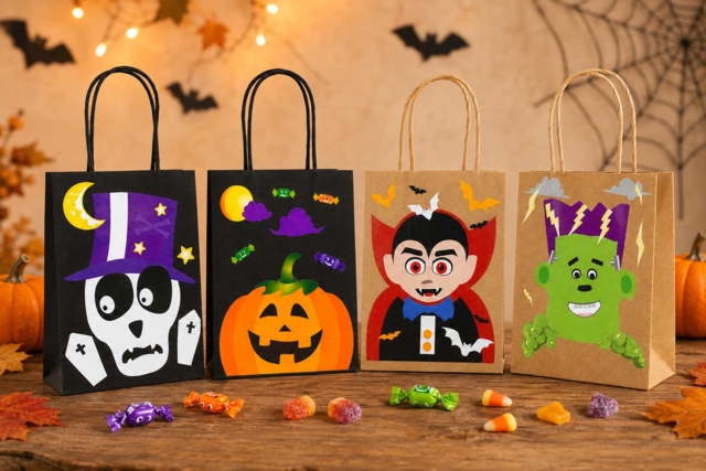 Kit créatif Halloween : 4 sacs kraft noir + gommettes - Sacs à bonbons Halloween - 10doigts.fr