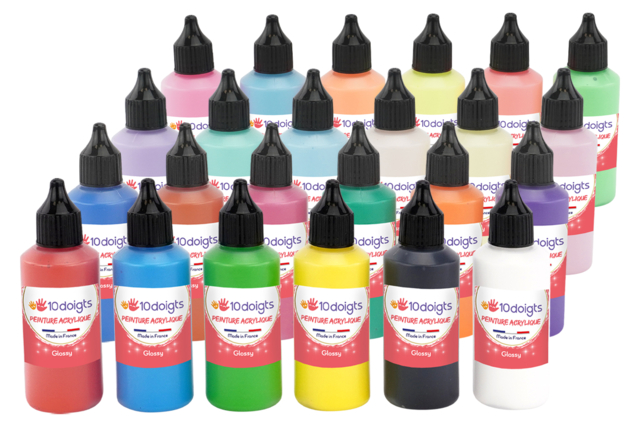 MAXI LOT de 24 frascos de 60 ml de pintura acrílica - Peinture acrylique 10doigts - 10doigts.fr