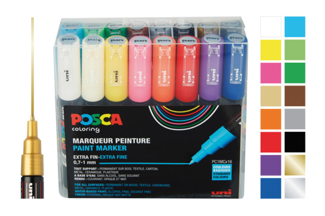 Estuche de 16 rotuladores POSCA puntas extra-finísimas (0,7 a 1 mm) - colores vivos surtidos - Marqueurs POSCA : la référence mondiale de la peinture nomade - 10doigts.fr