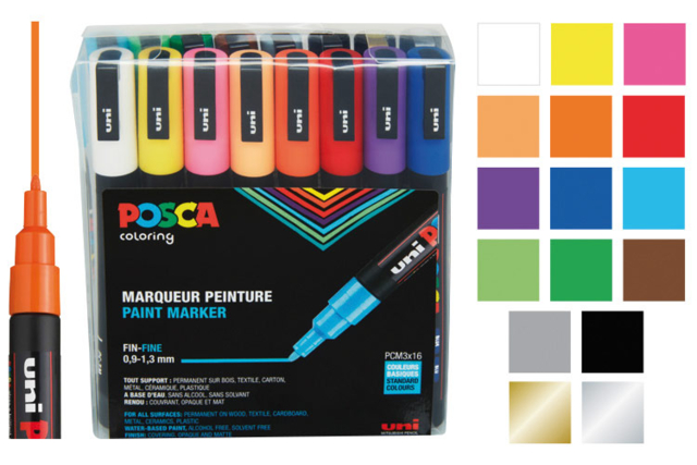 Estuche de 16 rotuladores POSCA de punta fina (0,7 a 1 mm) - colores vivos surtidos - Marqueurs POSCA : la référence mondiale de la peinture nomade - 10doigts.fr