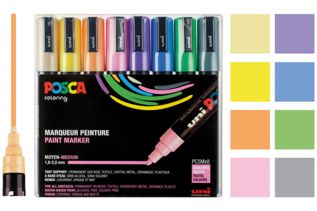 Funda de 8 rotuladores POSCA puntas medianas (1,8 a 2,5 mm) - colores pasteles surtidos - Marqueurs POSCA : la référence mondiale de la peinture nomade - 10doigts.fr