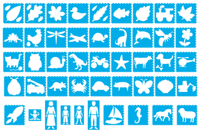 Maxi pack of 46 stencils - 7 assorted themes - 2 - Kids Stencils - 10doigts.com - Pochoirs enfants : l'outil magique pour enrichir les dessins - 10doigts.fr