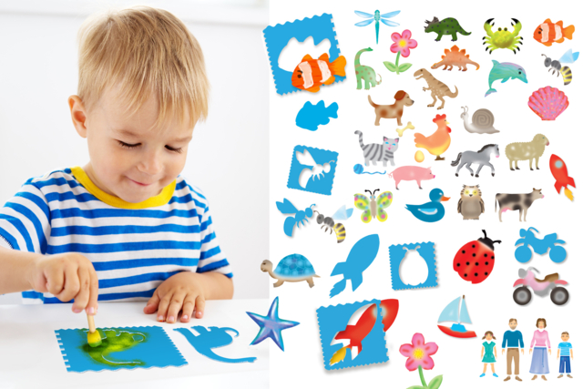 Maxi pack of 46 stencils - 7 assorted themes - 1 - Kids Stencils - 10doigts.com - Pochoirs enfants : l'outil magique pour enrichir les dessins - 10doigts.fr