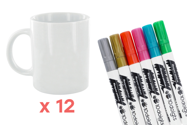 12 mugs en céramique + 6 marqueurs peinture - 1 - Decorative Ceramic Supports - 10doigts.com - Supports en céramique à décorer - 10doigts.fr