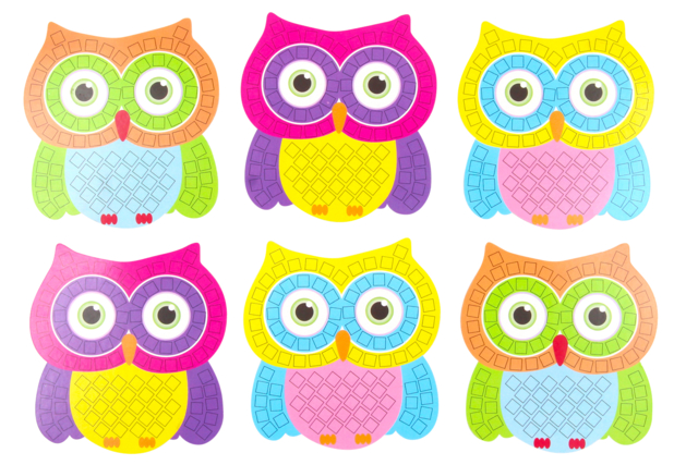 Set de 6 búhos de cartón resistente para decorar con mosaicos de goma flexible - Mosaïques papier, mousse - 10doigts.fr