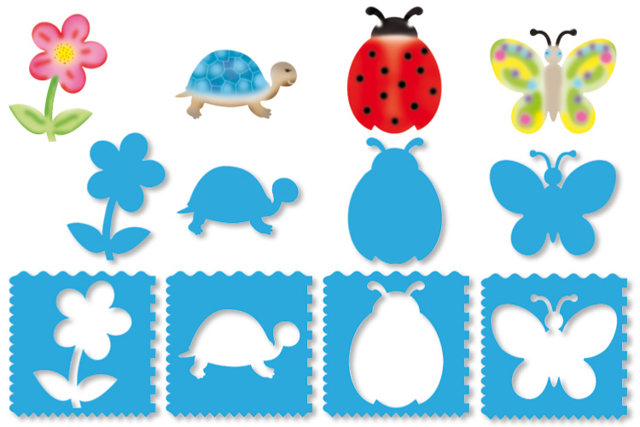 Set de 8 plantillas 10doigts Multi funciones 3 en 1: PRIMAVERA - Pochoirs animaux : l’accessoire idéal pour créer vos univers sauvages - 10doigts.fr