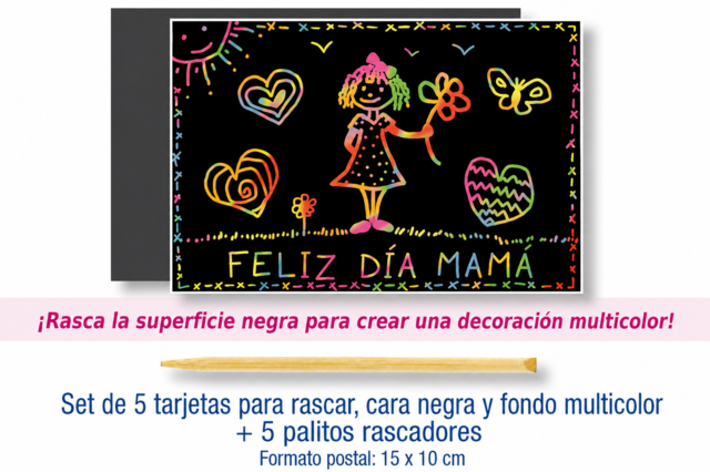 Cartas de rascar cara negra fondo multicolor + 5 rascadores - Cartes à gratter et à poinçonner : révélez votre créativité en relief - 10doigts.fr
