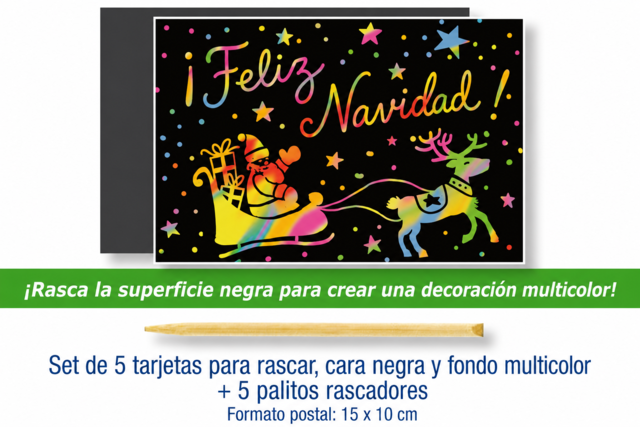Cartas de rascar cara negra fondo multicolor + raspadores - 5 pcs - Cartes à gratter et à poinçonner : révélez votre créativité en relief - 10doigts.fr
